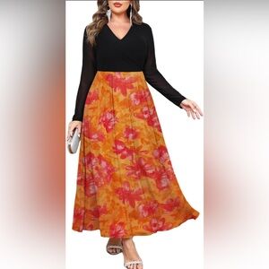 Plus Size Floral Print Mesh V Neck Maxi Dress Long Sleeve Flowy Size: 4X NWT